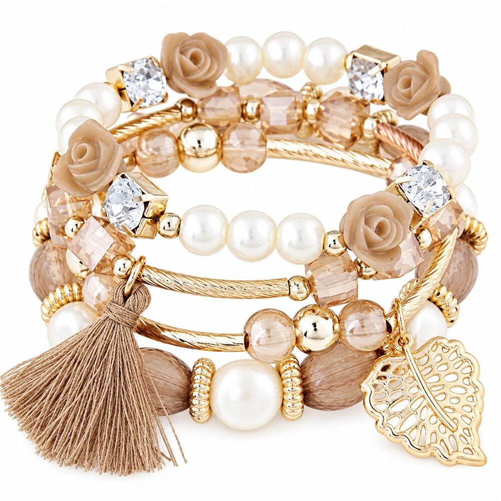 Champagne White Gold Boho Layered Bracelet Set Faux Pearl Rose Tassel Leaf NEW